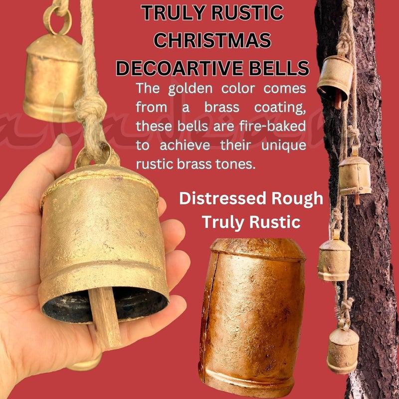 ALADEAN Rustic Harmony Cow Bells Decorative Set of 3 Christmas Bell Large Vintage Golden Cow Bell Brass Coated Country Bells Wall Hanging Cowbell Lucky Charm (3"-4"-5") - Image 3